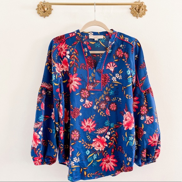 LOFT Tops - Loft Blue Floral Satin Long Sleeve Blouse